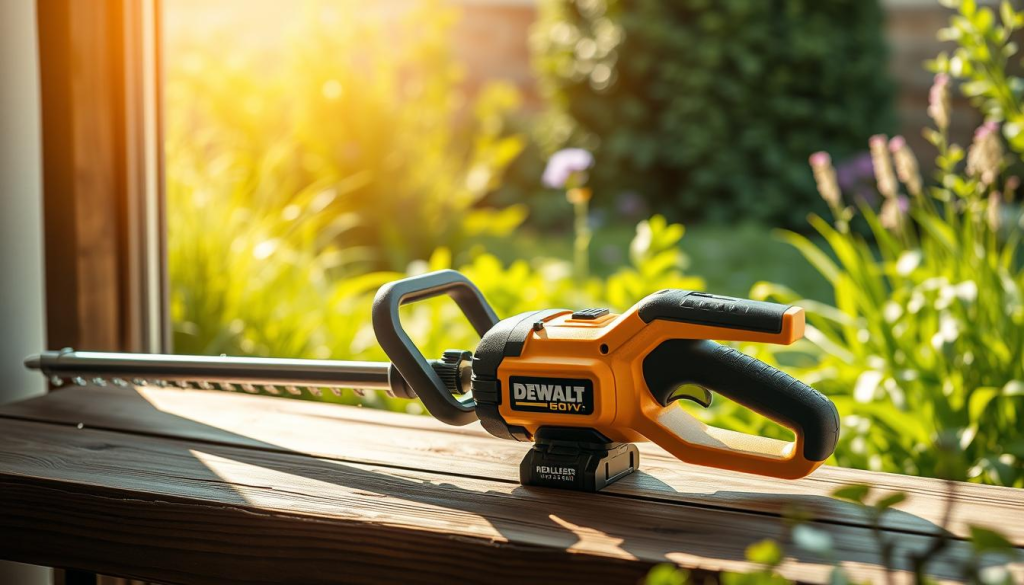 A sleek, modern DEWALT 60V cordless string trimmer is the focal point, resting on a wooden surface. Sunlight filters through a window, casting warm, natural lighting that accentuates the tool's rugged, industrial design. The trimmer's sturdy frame, ergonomic grip, and powerful motor are clearly visible, hinting at its capability to efficiently tackle overgrown vegetation. In the background, a lush, verdant garden scene frames the image, suggesting the trimmer's ideal usage environment. The overall composition conveys a sense of efficiency, power, and the tool's ability to seamlessly integrate into a well-maintained outdoor space.