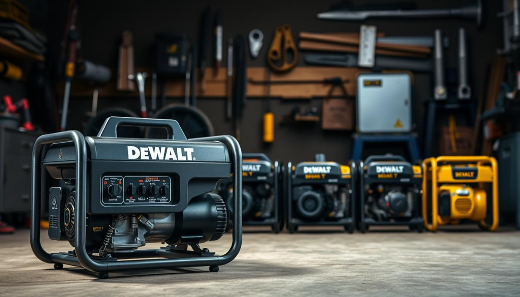 A sleek, modern DEWALT 8000 watt generator, its robust metal frame and control panel prominently displayed in the foreground. In the middle ground, various other generator models are arranged in a side-by-side comparison, showcasing their relative size, design, and features. The background is a dimly lit workshop or garage setting, with tools and equipment hinting at the generator's intended use and rugged reliability. Soft, directional lighting illuminates the scene, emphasizing the DEWALT generator's impressive build quality and power output compared to its competitors.