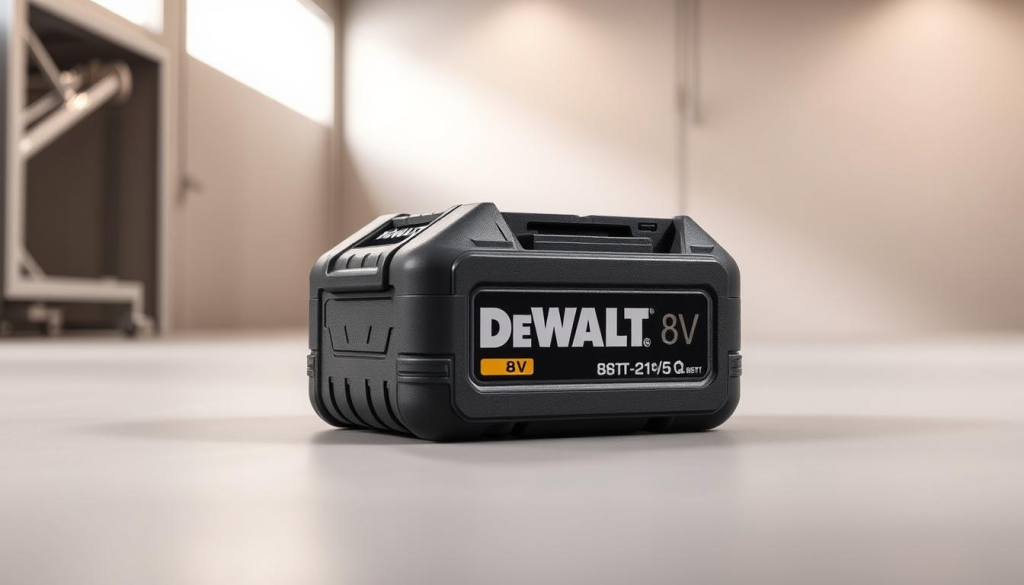 A sleek, modern DEWALT 8V battery resting against a clean, industrial-inspired backdrop. Crisp lighting illuminates the battery's rugged, textured surface, highlighting its durable construction. The battery is positioned in the foreground, commanding attention, while the middle ground features a subtle, minimalist setting with hints of metallic accents. The background maintains a muted, neutral tone, allowing the battery to take center stage. An overall sense of power, reliability, and technical precision permeates the scene, perfectly embodying the "Benefits of Using a DEWALT 8V Battery."