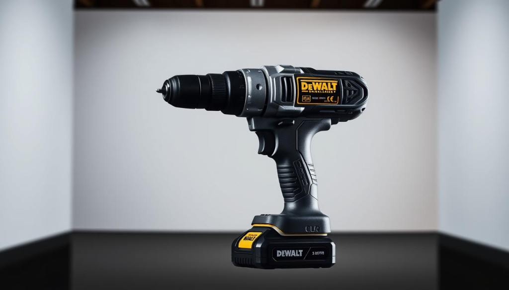 A sleek, modern DEWALT brushless cordless drill in a well-lit, professional studio setting. The drill is prominently displayed in the foreground, with a smooth, textured metal body and a powerful-looking trigger mechanism. The middle ground features a neutral background, allowing the drill to be the focal point. Subtle lighting from the sides creates dramatic shadows, highlighting the drill's sturdy construction and precision engineering. The overall atmosphere conveys a sense of quality, reliability, and the tool's ability to handle demanding tasks with ease.