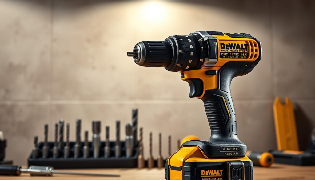 A sleek, modern DEWALT cordless drill set against a clean, well-lit workshop backdrop. The drill is prominently displayed in the foreground, showcasing its sturdy construction and ergonomic design. The brushless motor and variable speed trigger are clearly visible, highlighting the drill's power and precision. In the middle ground, various drill bits and accessories are neatly arranged, emphasizing the versatility of the tool. The background features a blurred, neutral-toned wall, allowing the drill to be the central focus of the image. Dramatic, directional lighting casts shadows that accentuate the drill's contours, creating a sense of depth and three-dimensionality. The overall mood is one of professional-grade quality, reliability, and attention to detail.