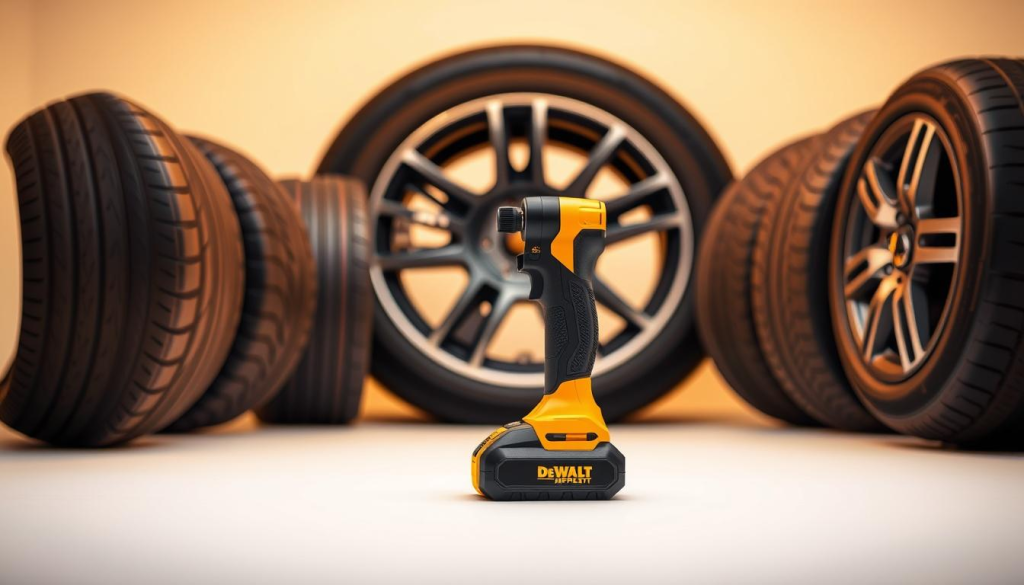 A sleek, modern DEWALT cordless inflator sits prominently in the foreground, its robust and durable design exuding a sense of power and reliability. Backlit by a warm, diffused light, the inflator's details are clearly visible, from the textured grip to the digital display showcasing precise pressure readings. In the middle ground, the inflator is surrounded by a variety of tires, each inflated to the optimal pressure, conveying the device's versatility and effectiveness. The background is a minimalist, clean setting, allowing the inflator to take center stage and highlighting its essential role in the "Inflate Tires Easily with the DEWALT Inflator" article.