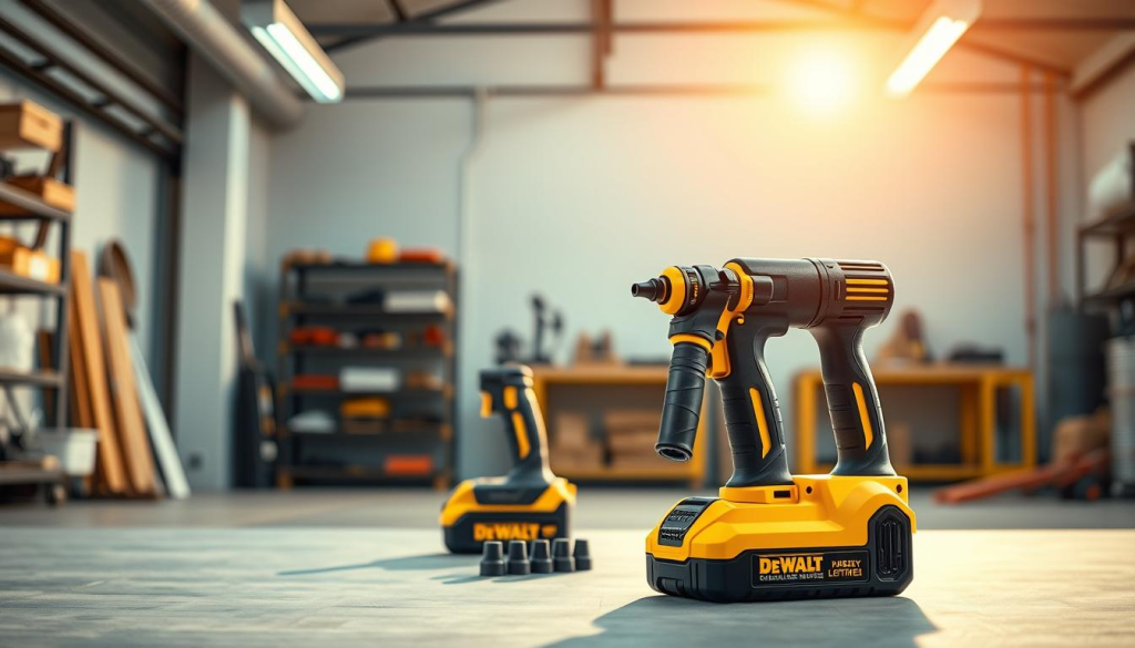 A sleek, modern DEWALT cordless sprayer in a well-lit, airy workspace. The sprayer stands prominently in the foreground, its smooth, ergonomic design and vibrant yellow accents catching the eye. In the middle ground, the sprayer's battery pack and nozzle attachments are visible, showcasing its user-friendly controls and customizable features. The background depicts a clean, minimalist workspace, with hints of industrial shelving and tools, creating a sense of professionalism and functionality. Warm, natural lighting from overhead sources casts a soft, inviting glow, highlighting the sprayer's portability and ease of use. The overall composition conveys a sense of reliability, efficiency, and a workspace that is primed for productivity.