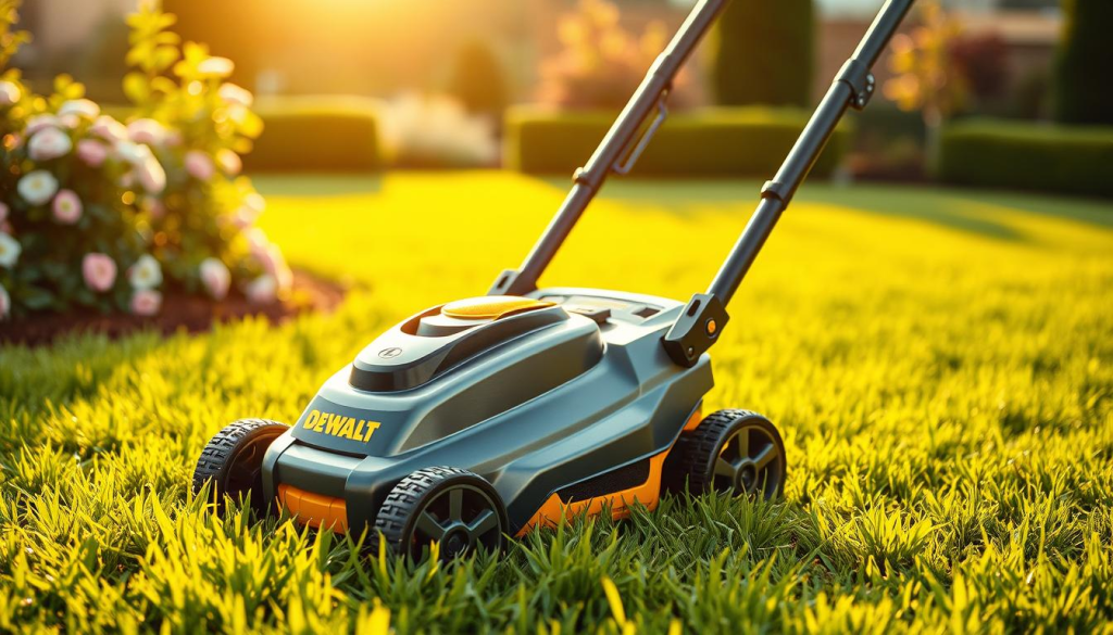 A sleek, modern DEWALT electric mower stands in a lush, vibrant green lawn, bathed in warm, golden afternoon sunlight. The mower's brushed metal body gleams, complemented by its distinctive yellow and black color scheme. Blades spin effortlessly, cutting the grass with precision. In the background, a well-manicured garden frames the scene, with blooming flowers and neatly trimmed hedges. The atmosphere conveys a sense of eco-friendly, efficient lawn care, in line with the DEWALT brand's commitment to sustainability. The image is captured from a low angle, emphasizing the mower's powerful presence and highlighting its premium design.