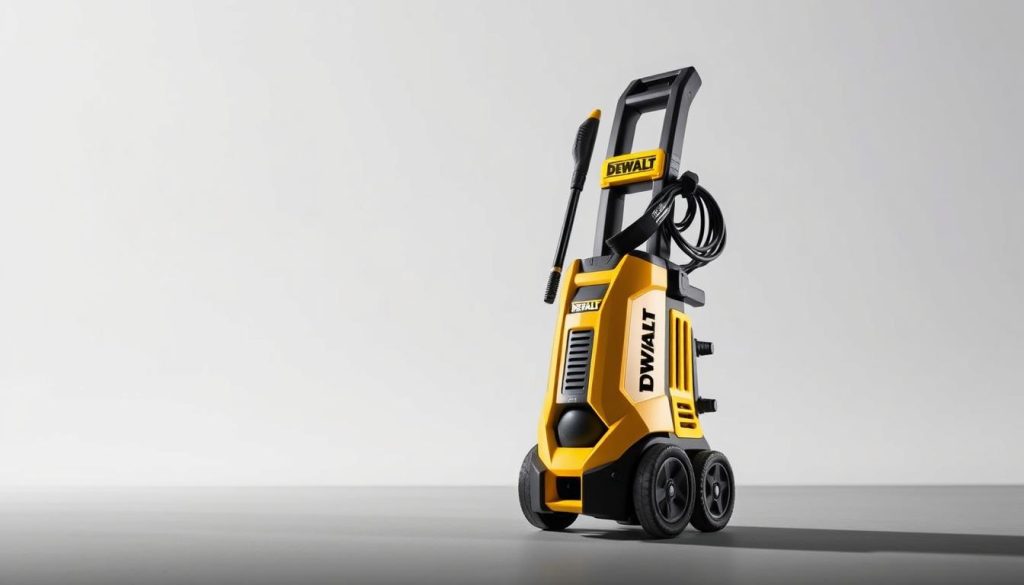 A sleek, modern DEWALT electric power washer standing prominently in the foreground, its bold yellow and black color scheme catching the eye. The powerful machine is showcased against a clean, minimalist backdrop, allowing its key features to shine - the sturdy build, the high-pressure nozzle, and the intuitive control panel. Soft, directional lighting illuminates the power washer, creating depth and emphasizing its sturdy construction. The overall scene conveys a sense of efficiency, durability, and the effortless cleaning power of this DEWALT unit, perfectly capturing the essence of the "Selecting the Right DEWALT Power Washer for You" section.