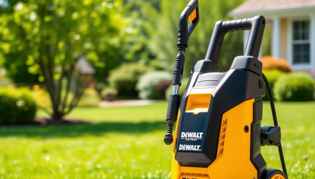 A sleek, modern DEWALT electric pressure washer standing prominently in the foreground, its sturdy, ergonomic design gleaming under natural light. In the middle ground, a lush, verdant yard stretches out, showcasing the powerful cleaning capabilities of the machine. The background depicts a well-maintained suburban home, suggesting the versatility of this pressure washer for various outdoor cleaning tasks. The scene conveys a sense of effortless efficiency and the reliable performance that DEWALT is known for, perfectly capturing the essence of the "Common Questions About DEWALT Electric Pressure Washers" section.