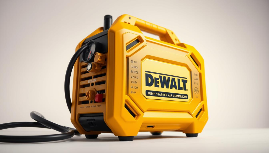 A sleek, modern DEWALT jump starter air compressor set against a clean, well-lit background. The device is prominently displayed, showcasing its robust, industrial design with sharp edges and a vibrant yellow color scheme. Intricate details like the air hose, pressure gauge, and power buttons are clearly visible, highlighting the product's functionality and technical specifications. The lighting is soft and evenly distributed, creating a harmonious and professional atmosphere. The camera angle is slightly angled, providing a dynamic perspective that draws the viewer's attention to the key features of the device.