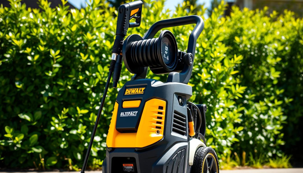 A sleek, modern DEWALT pressure cleaner with a bold black and yellow color scheme, set against a backdrop of a lush, green garden. The device is prominently displayed, its powerful nozzle and sturdy construction conveying its robust cleaning capabilities. Bright, natural lighting illuminates the scene, casting dramatic shadows and highlights that emphasize the pressure cleaner's industrial design. The image is captured from a slightly low angle, giving the DEWALT unit a sense of authority and presence. The overall atmosphere is one of efficiency, reliability, and outdoor versatility - qualities that make DEWALT a trusted choice for effortless, high-performance cleaning.