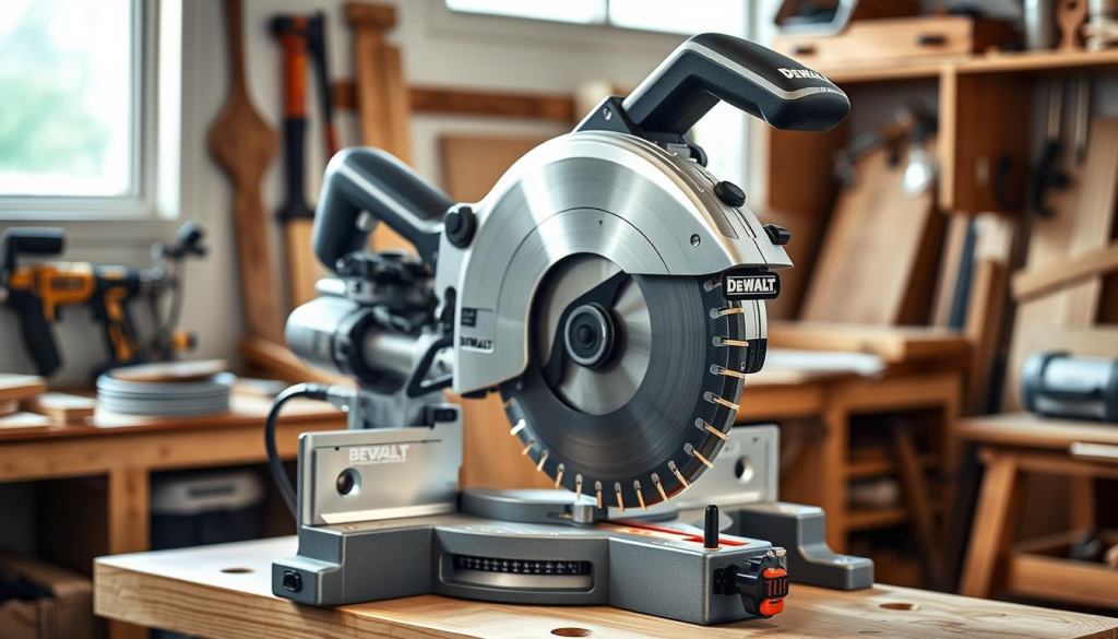 A sleek, modern DeWalt 10-inch miter saw stands on a sturdy workbench in a well-lit workshop. The silver and black saw body gleams under soft, diffused lighting, casting subtle shadows that accentuate its clean, angular design. The precision-machined blade and adjustable bevel settings are clearly visible, hinting at the saw's ability to make accurate, angled cuts. In the background, a collection of woodworking tools and materials suggest a workspace dedicated to meticulous craftsmanship. The overall scene conveys the power, versatility, and professional-grade quality of the DeWalt 10-inch miter saw.