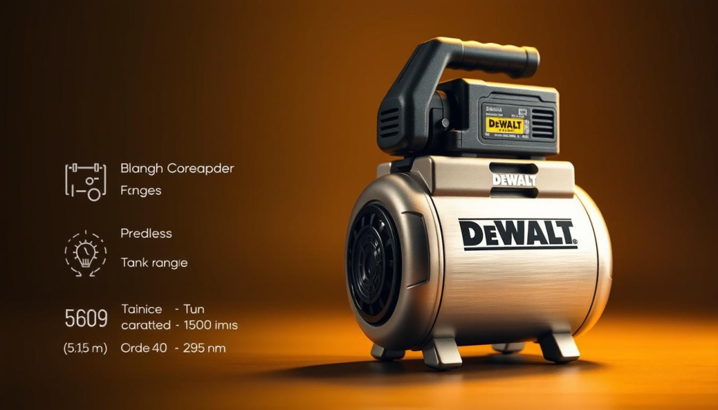 A sleek, modern DeWalt 20V air compressor, its brushed metal body gleaming under warm studio lighting. The compact design is highlighted, showcasing its portability and cordless convenience. Detailed technical specifications are prominently displayed, including the air pressure range, tank capacity, and run-time. The image has a crisp, high-resolution feel, captured from a slightly elevated angle to emphasize the compressor's sturdy construction and impressive capabilities. An understated, professional tone pervades the scene, reflecting the tool's utility and reliability for discerning tradespeople.