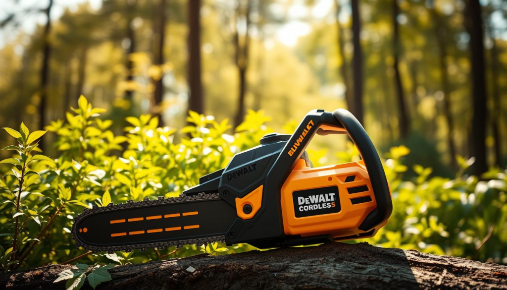 A sleek, modern DeWalt 20V cordless chainsaw set against a bright, natural backdrop. The device is prominently featured in the foreground, showcasing its compact yet powerful design, with a high-resolution, close-up view capturing every detail of the brushless motor, battery, and ergonomic handles. The middle ground features lush, verdant foliage, conveying the outdoor setting and the saw's intended use. The background is a serene, sun-dappled forest scene, hinting at the freedom and convenience of a cordless power tool for outdoor tasks. Warm, natural lighting casts subtle shadows, highlighting the chainsaw's sturdy, well-engineered construction. The overall atmosphere is one of efficiency, versatility, and the liberating experience of using a cordless power tool in nature.