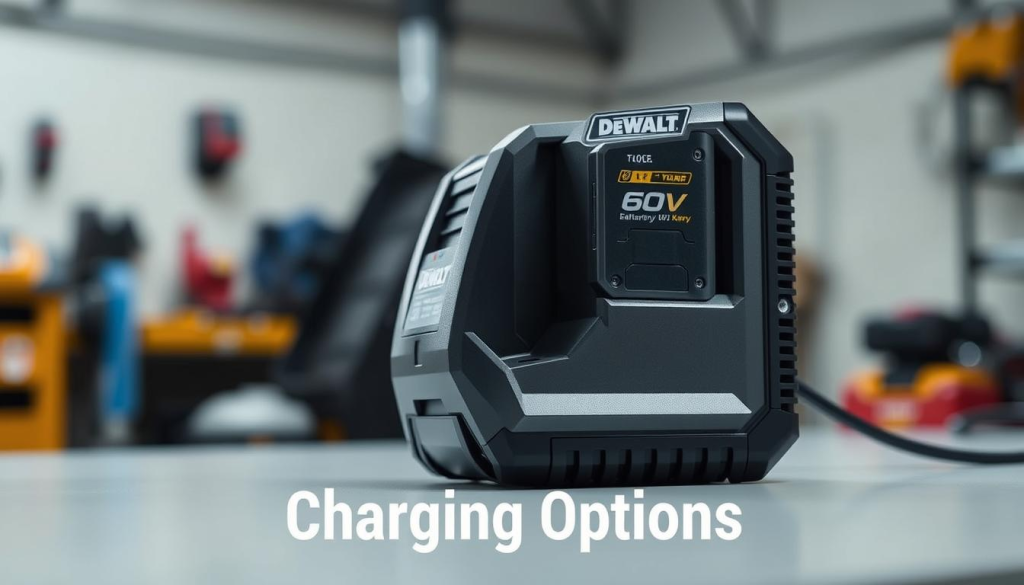 A sleek, modern DeWalt 60V battery charger standing prominently in the foreground, its sharp edges and metallic finish reflecting the light. The charger is positioned on a clean, minimal surface, with a blurred background of a workshop or garage setting, hinting at its industrial, utilitarian context. The lighting is soft and diffused, creating a sense of balance and professionalism. The image conveys the power, efficiency, and reliability of the DeWalt 60V battery system, perfectly suited for the "Charging Options" section of the article.