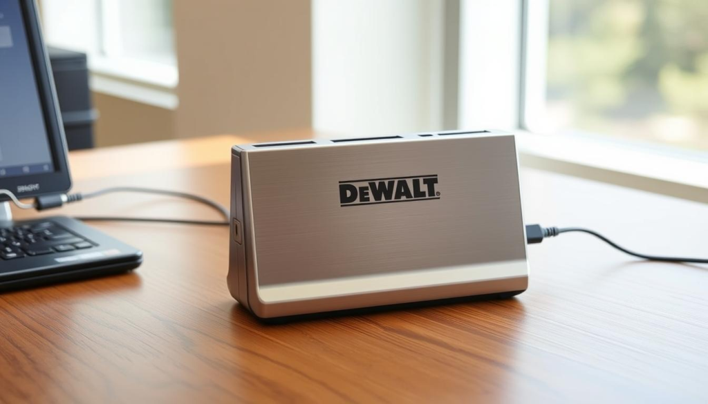 A sleek, modern DeWalt USB charging station stands prominently on a wood-grain office desk. The device features a sturdy, brushed metal exterior with the DeWalt logo emblazoned on the front. Multiple USB ports are clearly visible, allowing the charging of various electronic devices simultaneously. The station is positioned in a well-lit environment, perhaps by a large window, creating soft, natural illumination that accentuates the product's clean, industrial design. The overall scene conveys a sense of efficiency and productivity, perfectly suited for the "How to Use the DEWALT USB Charger" section of the article.