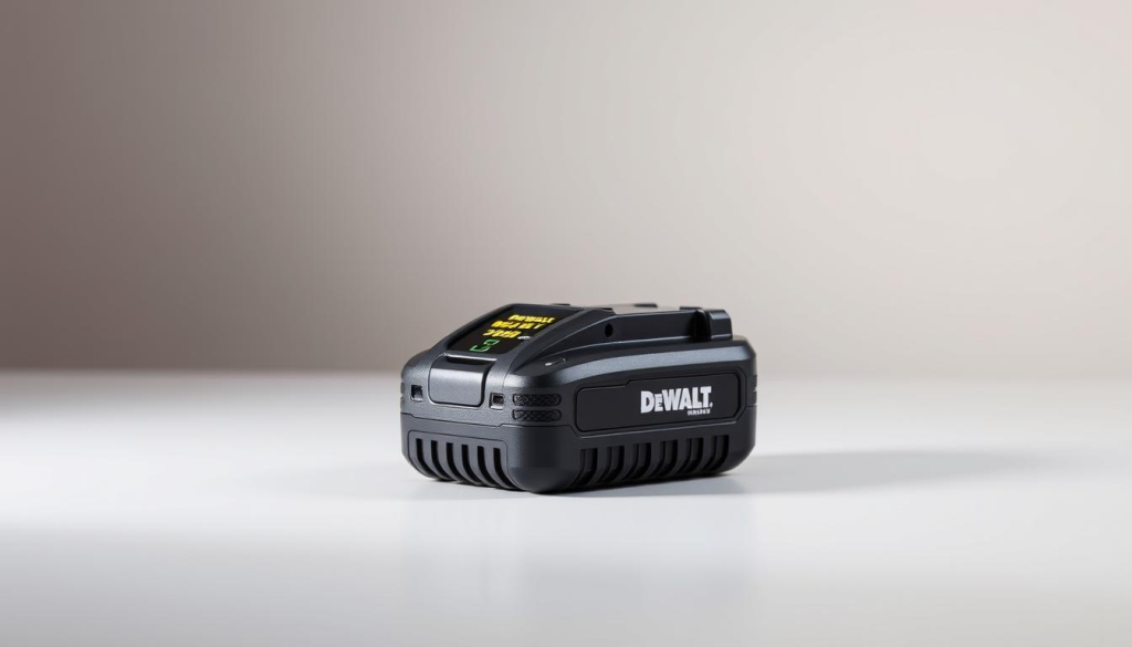 A sleek, modern DeWalt fast charger sits prominently on a clean, minimalist white surface. Soft, directional lighting illuminates the charger's robust metal casing and detailed control panel, showcasing its advanced charging capabilities. In the background, a subtle gradient fades into a soft, muted palette, creating a sense of understated elegance. The charger's compact design and premium finish convey a sense of power and reliability, reflecting the high-quality standards associated with the DeWalt brand. The overall composition and lighting evoke a sense of professionalism and user-centric design, perfectly suited to showcase this product in a review context.