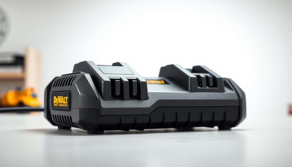 A sleek, modern DeWalt fast charging station set against a bright, minimalist background. The charger is prominently displayed in the foreground, its robust metal casing and precision-engineered components captured in crisp detail. Subtle highlights and shadows accentuate the device's sturdy construction and premium aesthetic. In the middle ground, a clean, uncluttered workspace with a neutral color palette, hinting at the organized environment in which the charger would be used. The background is softly blurred, allowing the charger to take center stage and commanding the viewer's attention. The overall mood is one of efficiency, reliability, and a professional, high-quality tool that is essential for maintaining peak performance of DeWalt power tools.