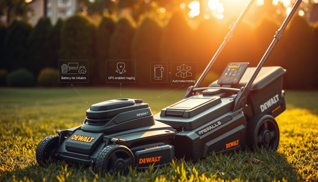 A sleek, modern electric lawn mower from DEWALT, featuring advanced smart technology. In the foreground, the mower's bold, angular design is highlighted, with its powerful electric motor and sturdy construction. In the middle ground, display panels and controls showcase the mower's intelligent features, such as battery life indicators, GPS-enabled mapping, and automated scheduling. The background depicts a neatly manicured lawn, bathed in warm, natural lighting, reflecting the mower's efficient and eco-friendly performance. The scene conveys a sense of innovation, precision, and DEWALT's commitment to delivering reliable, cutting-edge tools for lawn care.