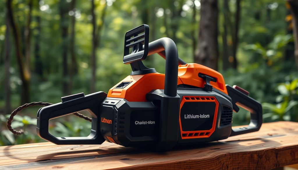 A sleek, modern lithium-ion powered chainsaw rests on a wooden workbench, its compact battery pack gleaming in the warm, focused lighting. The brushless motor hums with power, ready to effortlessly slice through tough branches and logs. In the background, a lush, verdant forest setting creates a serene, natural atmosphere, hinting at the saw's intended outdoor use. The image conveys the convenience, efficiency, and environmental benefits of a battery-powered chainsaw compared to its gas-guzzling counterparts.