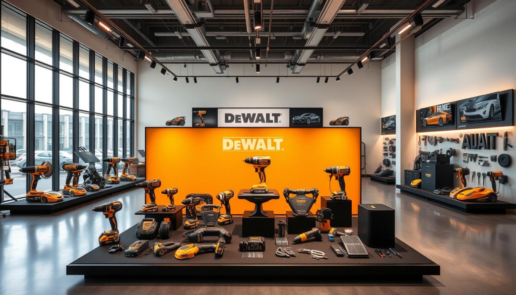 A sleek, modern showroom with floor-to-ceiling windows, showcasing a lineup of DEWALT power tools seamlessly integrated with McLaren automotive parts and accessories. Warm, directional lighting highlights the high-gloss finishes and intricate details, creating a harmonious blend of industrial and luxury aesthetics. In the foreground, a centerpiece display showcases the collaboration, featuring a selection of co-branded products arranged artfully against a backdrop of McLaren's iconic papaya orange. The middle ground features various DEWALT and McLaren product vignettes, allowing customers to envision the synergy between the two brands. The background has a clean, minimalist design, placing the focus squarely on the featured products.