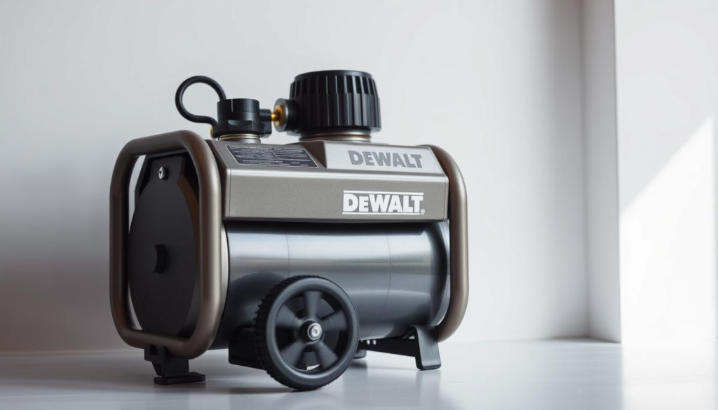 A sleek, portable air compressor set against a clean, white backdrop. The compressor's sturdy, compact frame is captured from a slight angle, showcasing its rugged design and attention to detail. Soft, directional lighting highlights the compressor's metal surfaces, creating a sense of depth and materiality. The overall composition emphasizes the unit's portability and convenience, hinting at its versatile applications. The image conveys a sense of modern, industrial aesthetics that would complement the article's focus on the DEWALT 6 Gallon Air Compressor's portability and durable construction.