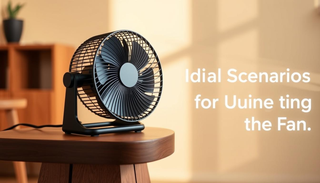 A sleek, portable cooling fan resting on a sturdy, wooden table. The fan's blades spin effortlessly, circulating a refreshing breeze throughout the scene. The fan's compact, cordless design is highlighted, showcasing its versatility for use in various indoor and outdoor settings. Soft, natural lighting illuminates the fan's matte black finish, creating a modern, minimalist aesthetic. The background is a simple, warm-toned room, allowing the fan to be the focal point. The overall atmosphere conveys a sense of relaxation and comfort, perfectly suited for the "Ideal Scenarios for Using the Fan" section of the article.