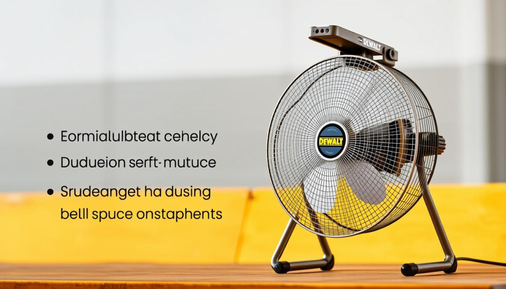 A sleek, professional-grade DEWALT jobsite fan standing prominently in the foreground, its sturdy metal construction and adjustable head capturing the viewer's attention. In the middle ground, the fan's key features are highlighted - a powerful yet energy-efficient motor, durable blade design, and rugged housing built to withstand the demands of the worksite. The background is a clean, well-lit environment, suggesting the fan's versatility and suitability for a variety of indoor and outdoor settings. Warm, directional lighting casts subtle shadows, accentuating the fan's form and suggesting its robust, reliable performance.