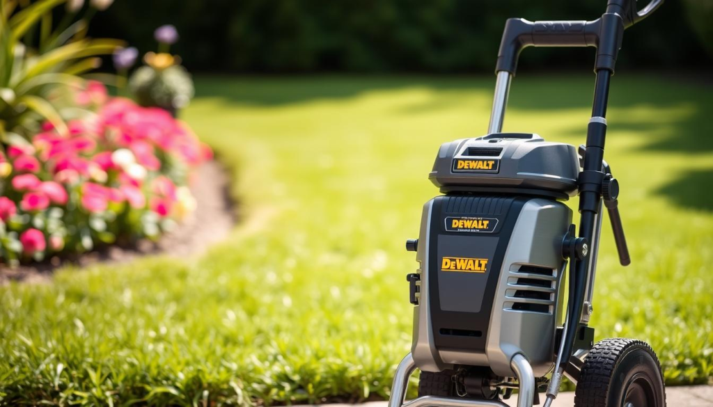 A sleek, professional-grade DEWALT power washer standing prominently in the foreground, its sturdy construction and gleaming chrome finish catching the light. In the middle ground, a lush, verdant lawn and vibrant flowers frame the machine, hinting at its versatile cleaning capabilities. The background is slightly blurred, evoking a sense of focus on the power washer's key features - its powerful motor, adjustable pressure settings, and easy-to-maneuver design. The lighting is natural, with soft shadows accentuating the machine's contours and creating a sense of depth and dimension. The overall mood is one of efficiency, reliability, and the pride of owning a high-quality DEWALT tool.