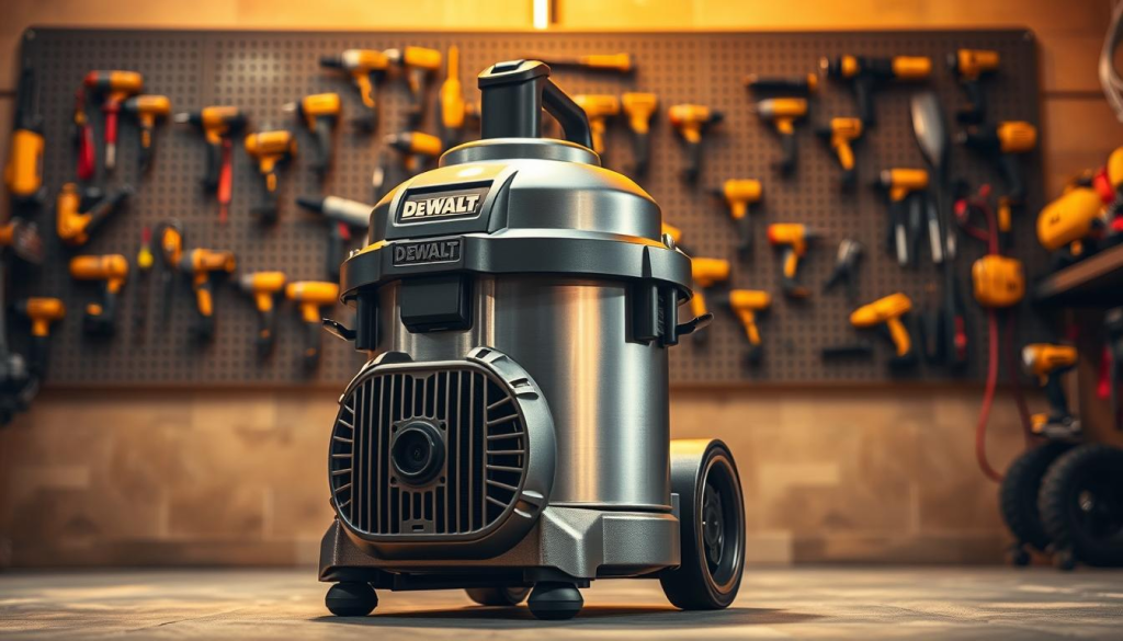 A sleek, professional-grade DeWalt wet/dry vacuum cleaner standing prominently in a well-lit, industrial-style workshop. The metal body gleams under warm, directional lighting, highlighting its durable construction and high-capacity tank. The brushless motor sits at the forefront, its vents and air intake grilles lending a sense of powerful suction. In the background, a peg board displays an array of DeWalt tools, reinforcing the brand's reputation for rugged, dependable equipment. The overall composition conveys the vacuum's impressive capabilities and integration within a hardworking, precision-focused environment.