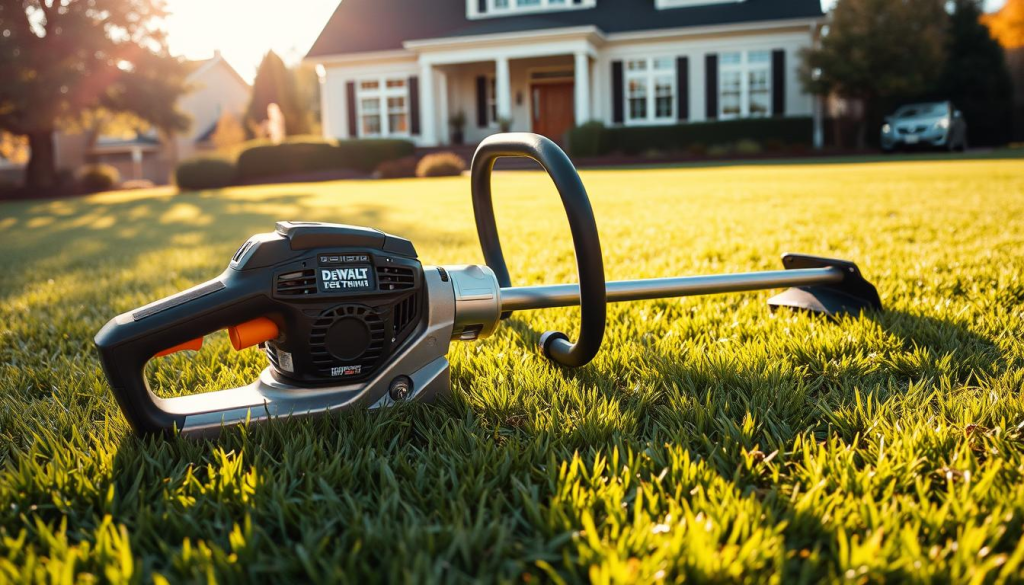 A sleek, professional-grade Dewalt trimmer rests on a lush, well-manicured lawn, its powerful engine poised to tackle even the toughest overgrowth. The trimmer's metallic body gleams under the warm, golden sunlight, casting a subtle shadow on the verdant grass below. The trimmer's ergonomic handle and intuitive controls are clearly visible, inviting the user to confidently wield this precision tool. In the background, a picturesque suburban home stands, its pristine landscaping complementing the scene. The overall atmosphere exudes a sense of efficiency, reliability, and the pride of a job well done, perfectly capturing the essence of "Using Your Dewalt Trimmer Effectively".
