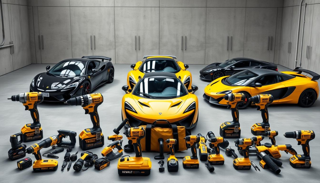 A sleek, professional-grade lineup of DEWALT power tools and accessories meticulously arranged alongside the iconic McLaren sports cars. The foreground features an array of DEWALT drills, saws, and impact wrenches, their vibrant yellow casings gleaming under the soft, even lighting. In the middle ground, the aerodynamic silhouettes of McLaren's latest models sit elegantly, their glossy paint reflecting the tools with precision. The background is a minimalist, industrial-inspired setting, with concrete walls and a subtle grid pattern subtly hinting at the engineering prowess behind both brands. The overall mood is one of harmonious collaboration, where premium performance and innovation converge to empower automotive enthusiasts and professionals alike.