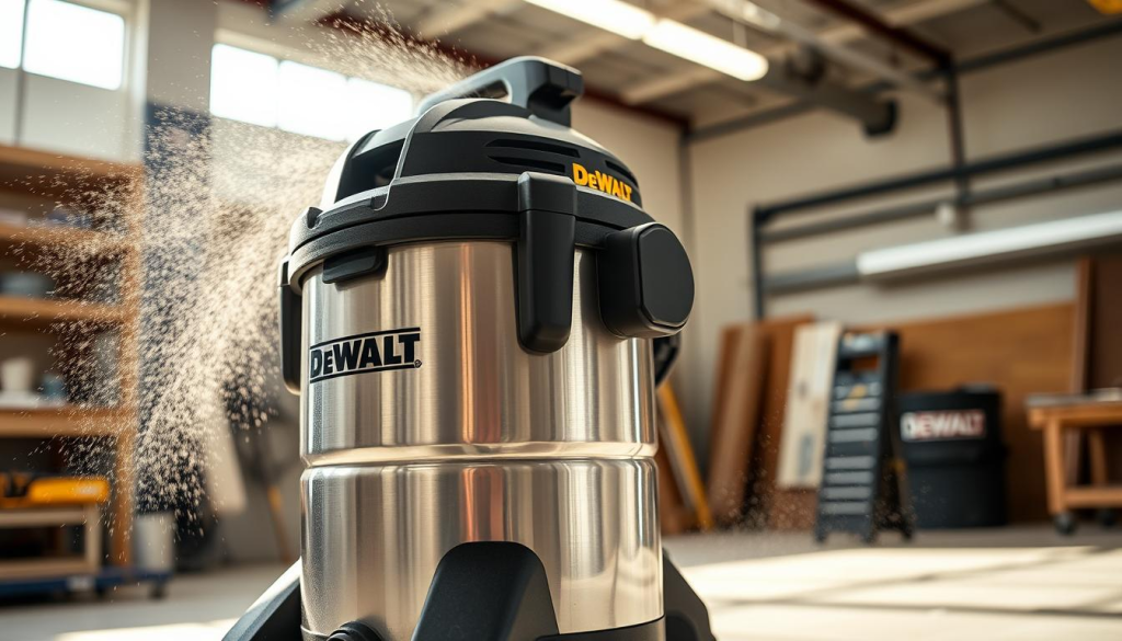 A sleek, silver DeWalt shop vac stands in a well-lit, modern workshop. The high-powered motor hums as it effortlessly sucks up debris, its impressive suction showcased by the swirling dust particles in the air. The transparent collection tank fills up rapidly, demonstrating the vac's extraordinary performance. Soft shadows cast by the bright overhead lighting accentuate the machine's sturdy, industrial design. The scene conveys a sense of efficiency and reliable power, perfectly capturing the "Powerful Suction and Performance" of this robust cleaning tool.