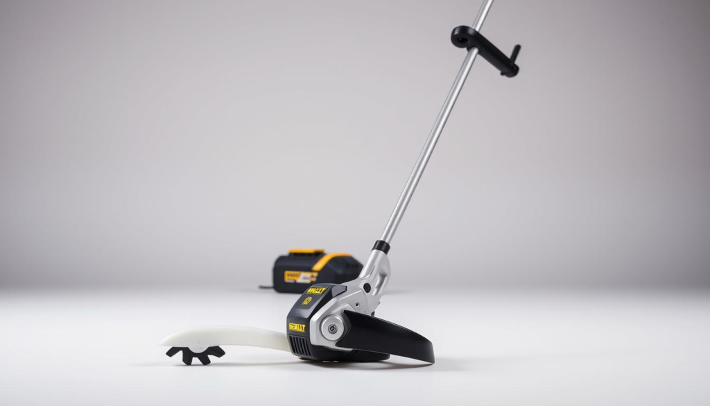 A sleek, silver-colored DEWALT 20V MAX Cordless String Trimmer stands prominently in the foreground, its powerful motor and sturdy design conveying a sense of strength and precision. The trimmer is captured in a well-lit, studio-like setting, with soft, directional lighting accentuating its contours and highlighting the DEWALT branding. In the middle ground, the trimmer's battery pack is visible, emphasizing its cordless convenience. The background features a clean, neutral backdrop, allowing the trimmer to be the focal point and showcasing its versatility for trimming lawn edges with ease.
