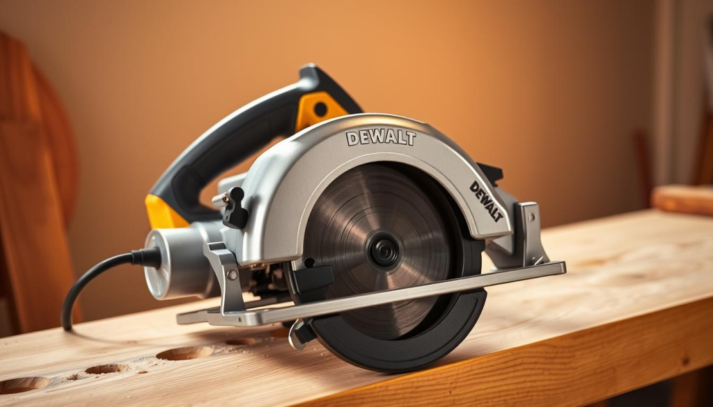 A sleek, silver-colored DEWALT circular saw resting on a wooden workbench, illuminated by warm, directional lighting that casts subtle shadows. The saw's powerful motor and sharp, precision-ground blade are clearly visible, conveying its robust construction and cutting capabilities. The background is a clean, minimalist workspace, allowing the tool to be the central focus. The composition emphasizes the saw's ergonomic design, user-friendly features, and the high-quality craftsmanship that DEWALT is known for, reflecting the section's emphasis on popular and reliable DEWALT skill saw models.