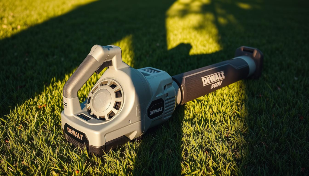 A sleek, silver-gray Dewalt 60V cordless battery-powered blower rests on a lush, verdant lawn, casting dramatic shadows in the warm afternoon sunlight. The blower's powerful turbine fan is clearly visible, ready to effortlessly clear leaves, grass clippings, and other debris from the outdoor space. The scene exudes a sense of efficiency and effortless outdoor cleaning, perfectly capturing the "Versatile Outdoor Applications" of this robust, cordless power tool. The image is captured at a low angle, emphasizing the blower's sturdy, ergonomic design and impressive size, while the crisp, clean lighting highlights its premium, professional-grade construction.