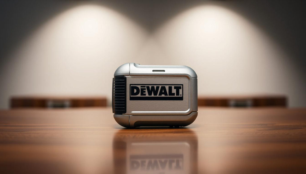 A sleek, silver-toned DEWALT 18V to 20V battery adapter sits atop a polished wooden surface, casting a soft, diffused glow from the overhead studio lighting. The adapter's bold DEWALT logo and textured grip surface are clearly visible, exuding a sense of industrial precision and durability. In the background, a subtle blur effect creates a sense of depth, allowing the adapter to be the focal point. The overall scene conveys a professional, high-quality aesthetic that would complement the "Customer Reviews and Testimonials" section of the article on the DEWALT 18V to 20V adapter.