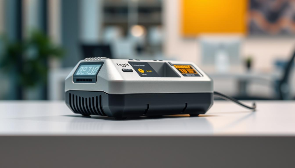 A sleek, silver-toned Dewalt 5Ah battery charger sits on a clean, minimalist desk. Soft, diffused lighting illuminates the device, highlighting its sturdy, industrial design. The charger's intuitive controls and LED indicators are clearly visible, inviting the user to effortlessly charge their power tool battery. In the background, a blurred, modern office setting suggests a productive, professional atmosphere. The image conveys the charger's fast-charging capabilities and its role in quickly getting the user back to their work.