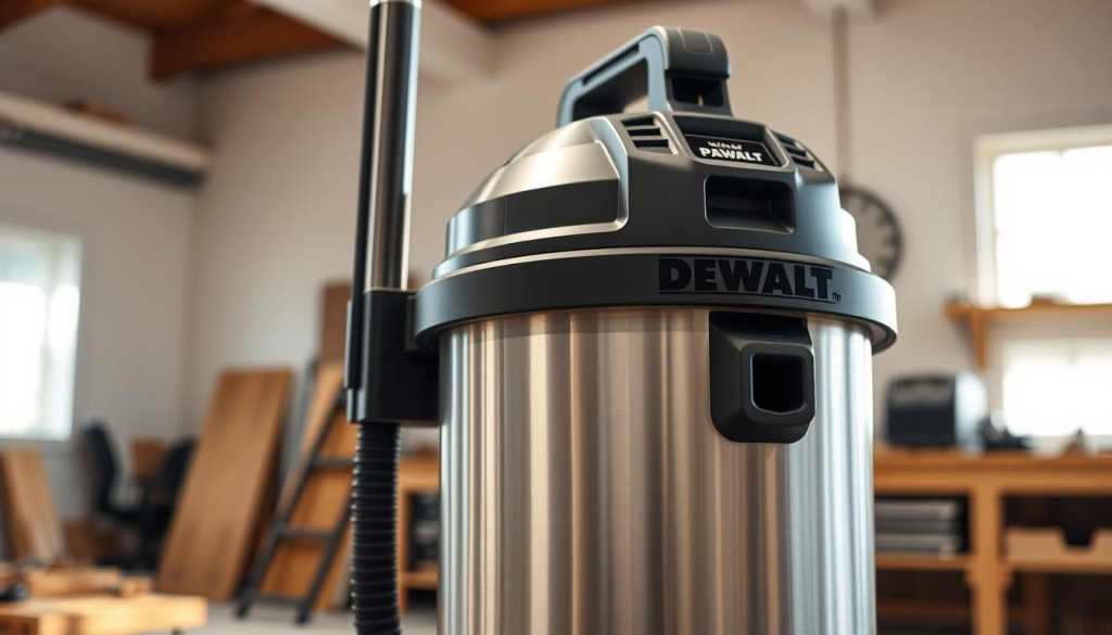 A sleek, user-friendly DEWALT Quiet Shop Vac stands prominently in a well-lit workshop. The brushed silver finish gleams under soft, natural lighting, casting subtle shadows that accentuate its clean, modern design. The vac's control panel is intuitively laid out, inviting effortless operation. In the foreground, a sturdy, ergonomic handle beckons the user to easily maneuver the device. The middleground reveals the vac's spacious canister, ready to tackle even the most demanding cleanup tasks with its powerful suction. The background showcases a tidy, organized workspace, hinting at the vac's ability to maintain a peaceful, distraction-free environment during use.