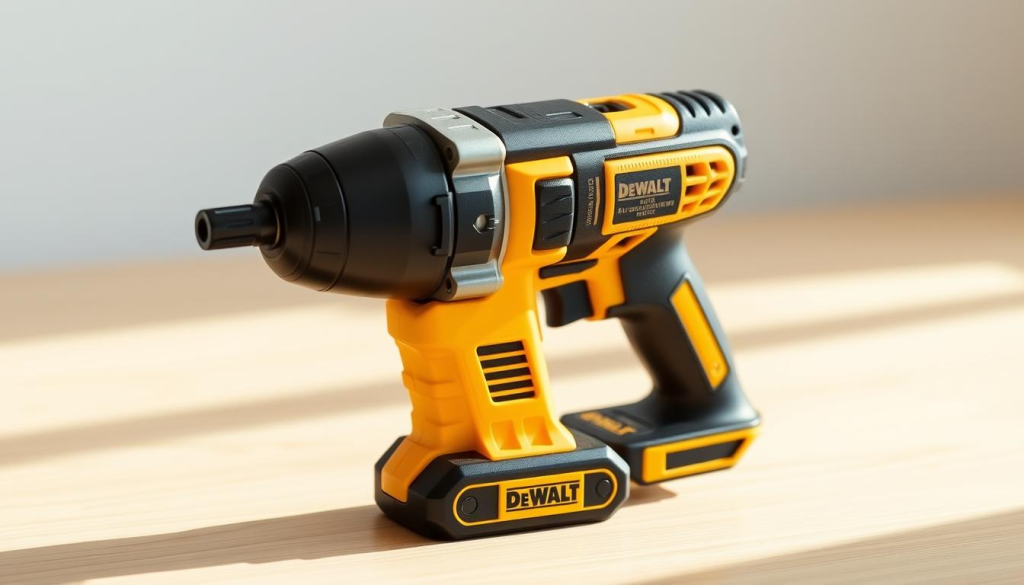 A sleek, well-designed DeWalt impact wrench sits on a clean, minimalist wooden surface, illuminated by soft, natural lighting from the side. The tool's robust, ergonomic body is meticulously detailed, with a vibrant yellow and black color scheme that conveys both power and precision. The impact wrench is slightly angled, showcasing its user-friendly controls and features, such as the variable speed trigger and comfortable grip. The background is blurred, allowing the impact wrench to be the central focus, emphasizing its elegant, functional design that seamlessly blends form and function.