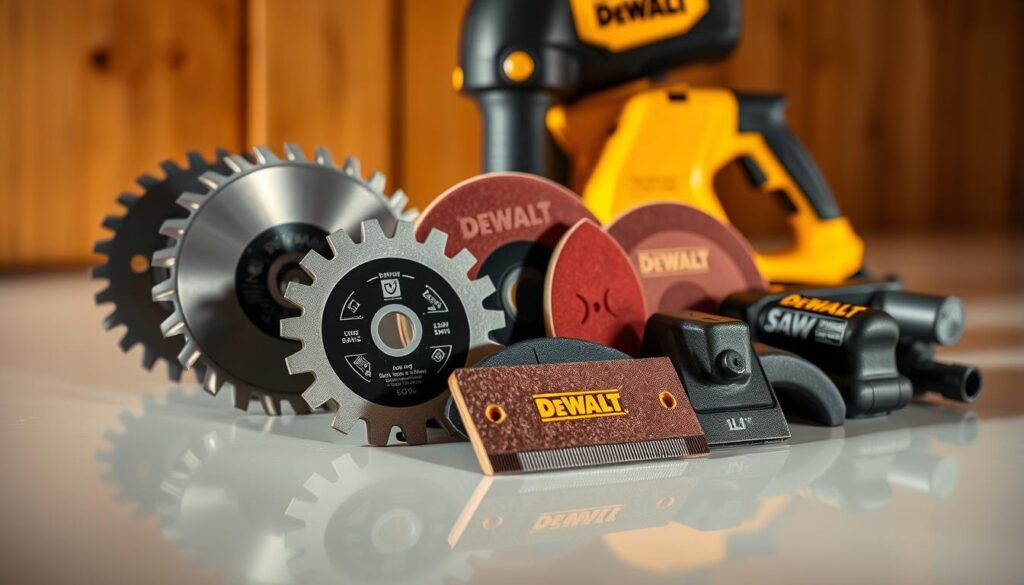 A sleek, well-lit close-up shot of a variety of DEWALT oscillating tool accessories, including high-quality saw blades, sanding pads, and scraping tools, arranged neatly on a clean, reflective surface. The accessories are captured in sharp focus, showcasing their robust construction and precision engineering. Warm, directional lighting casts dramatic shadows, emphasizing the tools' sturdy profiles and ergonomic designs. The overall scene conveys a sense of professional-grade quality, reliability, and the versatility that makes DEWALT a trusted choice for DIY projects and home improvements.