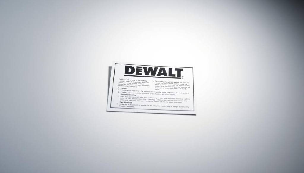 A sleek, well-lit photograph of a Dewalt power tool warranty card. The card is positioned prominently in the center of the frame, its edges softly blurred to draw the eye to the detailed text. The background is a clean, minimalist white, with gentle shadows and highlights accentuating the card's depth and texture. The lighting is diffused and even, creating a professional, authoritative atmosphere. The angle is slightly elevated, giving the viewer a sense of studying the warranty card closely. The overall composition conveys a sense of importance and attention to detail, reflecting the key information contained within the warranty.