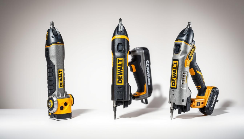 A sleek, well-lit product comparison shot of three DEWALT oscillating multi-tools, prominently displayed against a simple, clean background. The tools are arranged side-by-side, showcasing their distinct designs and features in sharp detail. Crisp, natural lighting accentuates the tools' textured metallic surfaces and ergonomic handles, allowing the viewer to appreciate the high-quality craftsmanship. The image should convey a sense of professionalism and technical precision, highlighting the tools' capabilities for accurate, versatile cutting and sanding tasks.