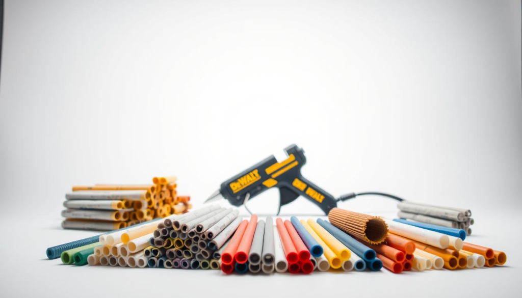 A sleek, well-lit studio setup showcasing an array of DEWALT glue gun accessories. In the foreground, a variety of colored glue sticks in different sizes and shapes are neatly arranged on a clean white surface, their textures and materials clearly visible. In the middle ground, the DEWALT glue gun itself takes center stage, its ergonomic design and sturdy construction highlighted by a soft, directional lighting. The background features a seamless white backdrop, allowing the products to stand out and emphasize their quality and attention to detail. The overall composition conveys a sense of professionalism, functionality, and the wide range of options available to customize the DEWALT glue gun experience.