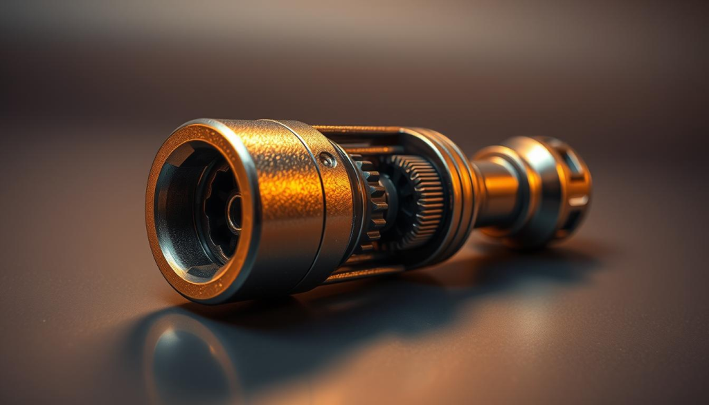 A stunningly detailed 3/8 drive ratchet, its durable metal body gleaming under warm studio lighting. The intricate gears and mechanisms are visible through a partially transparent casing, showcasing the ratchet's robust and well-engineered design. The ratchet is positioned on a sleek, minimalist surface, allowing the viewer to appreciate its craftsmanship and sturdy construction. The overall composition exudes a sense of quality, precision, and reliability, perfectly capturing the essence of the "Design and Build Quality" section of the DeWalt ratchet article.