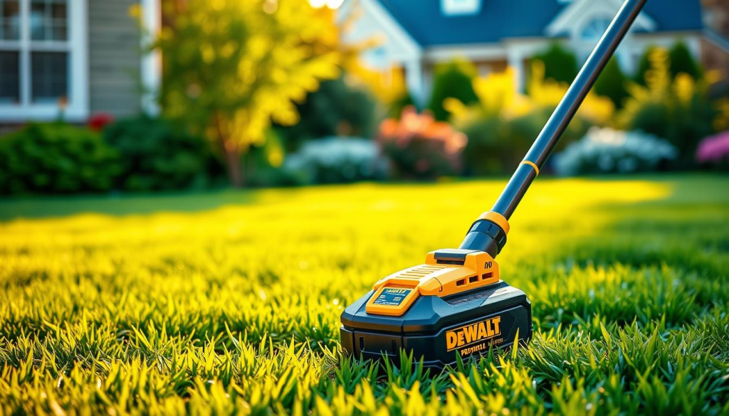 A sturdy DEWALT 60V cordless string trimmer stands prominently in the foreground, its robust construction and sleek black and yellow design gleaming under warm, directional lighting. In the middle ground, lush green grass and vibrant foliage create a well-manicured, healthy lawn, hinting at the trimmer's power and precision. The background features a soft, out-of-focus suburban setting, emphasizing the trimmer's effortless ability to tame even the most challenging outdoor spaces. The overall scene conveys a sense of efficiency, power, and pride in lawn care, capturing the essential benefits of the DEWALT 60V trimmer.