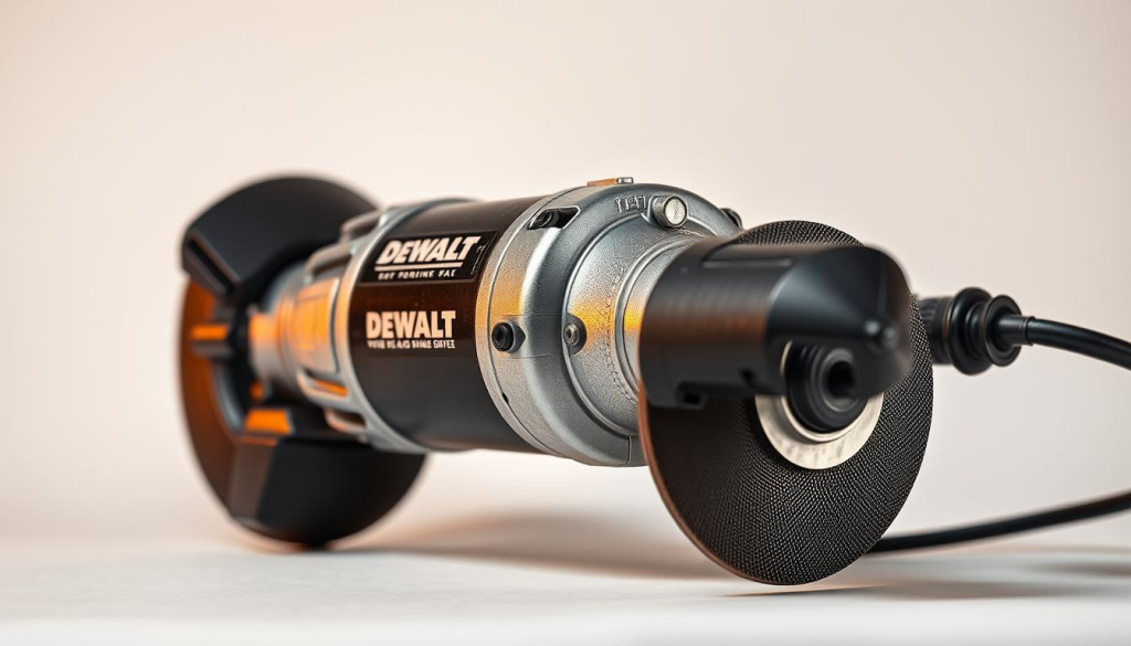 A sturdy DEWALT corded grinder, its metal casing gleaming under warm studio lighting. The powerful motor and adjustable grinding wheel are prominently featured, showcasing its precision and control for DIY enthusiasts. The grinder is set against a plain white background, allowing the tool to be the center of attention. Crisp details capture the robust build quality and intuitive ergonomic design, conveying a sense of reliability and versatility for a wide range of grinding tasks. The overall composition highlights the DEWALT grinder as a dependable power tool for the modern DIY workshop.
