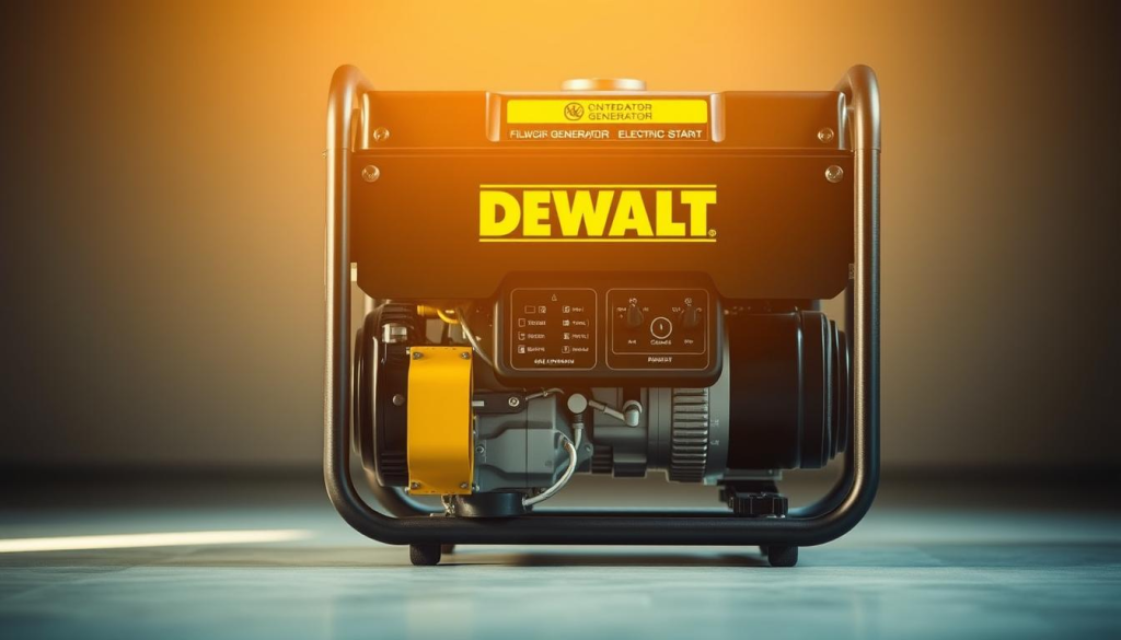 A sturdy DEWALT generator standing on a flat surface, its electric start mechanism prominently displayed. The generator's sleek, metallic frame is accentuated by warm, directional lighting, casting subtle shadows that emphasize its robust construction. In the middle ground, the control panel is visible, showcasing the intuitive interface that allows for easy operation. The background is softly blurred, keeping the focus on the generator's practical and user-friendly design. The overall scene conveys a sense of reliability, durability, and effortless power, capturing the essence of the "Ease of Use and Maintenance" section of the article.