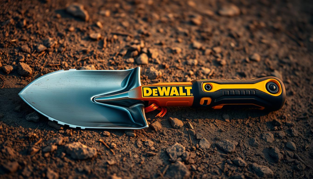 A sturdy DEWALT shovel resting on a rugged, textured surface, illuminated by warm, directional lighting that casts subtle shadows, highlighting its robust construction. The shovel's metal head features a sharp, serrated edge, while the ergonomic handle is made of high-strength, weather-resistant materials. The overall composition showcases the shovel's durability and reliability, conveying a sense of dependability and premium quality, in line with the DEWALT brand's reputation for professional-grade tools.