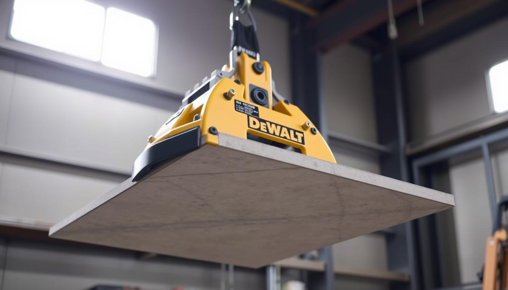 A sturdy DeWalt Grabo heavy-duty suction cup lifter is hoisting a large, dense slab of material, possibly concrete or stone, against a bright, evenly lit industrial backdrop. The lifter's powerful suction cups firmly grip the surface, showcasing its impressive load-bearing capacity. The scene is captured from a low angle, emphasizing the tool's strength and mechanical precision. Subtle shadows and highlights accentuate the lifter's sleek, functional design, conveying a sense of reliability and efficiency. The overall mood is one of industrial prowess and engineering excellence, highlighting the DeWalt Grabo's suitability for demanding material handling tasks.