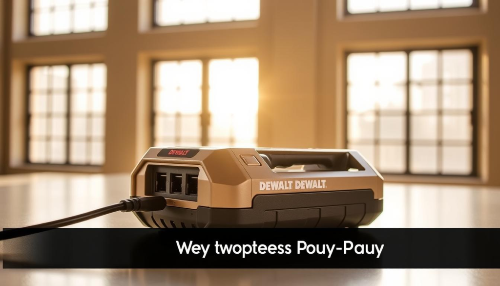 A sturdy and sleek DEWALT USB battery charger resting on a clean, minimalist surface, its metallic housing reflecting the warm glow of natural sunlight streaming through large windows. The charger's power ports and indicators are prominently displayed, inviting the viewer to imagine the device powering up their essential gear. The scene conveys a sense of efficiency and reliability, perfectly aligning with the DEWALT brand and the article's focus on where to purchase this versatile charging solution.