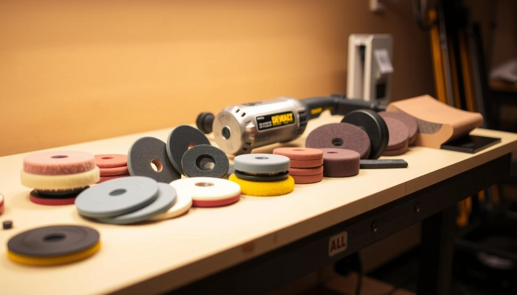 A sturdy and sleek DEWALT buffer kit rests on a clean, well-lit workbench. The brushed metal casing of the buffer gleams under the soft, diffused lighting, hinting at its power and precision. Beside it, an array of polishing pads, bonnets, and other accessories are neatly arranged, ready to enhance the performance of the buffer for a variety of surface finishing tasks. The background is a warm, neutral tone, allowing the kit and its components to take center stage, showcasing their professional-grade quality and versatility.