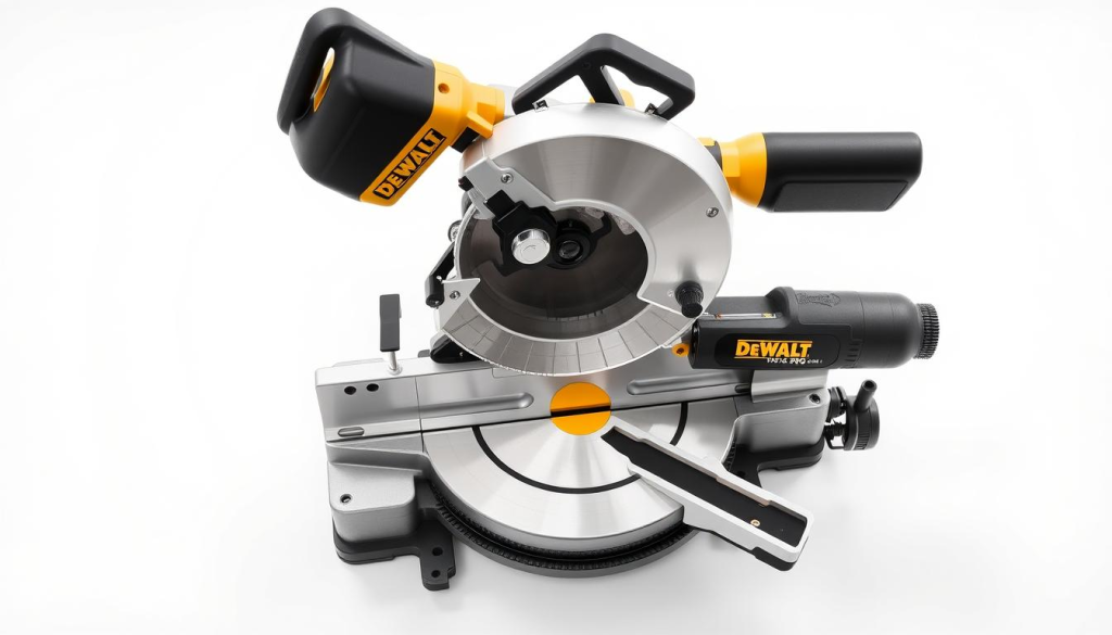 A sturdy and well-crafted Dewalt DWS780 miter saw, its metallic body gleaming under bright studio lighting. The saw is displayed on a clean, white backdrop, allowing its robust design and precision engineering to take center stage. The brushed aluminum exterior and prominent Dewalt branding convey a sense of professional-grade quality. The saw's intricate components, such as the adjustable miter and bevel settings, are clearly visible, showcasing the attention to detail in its construction. An overhead perspective provides a comprehensive view of the tool's form and function, emphasizing its reliability and durability for demanding woodworking projects.